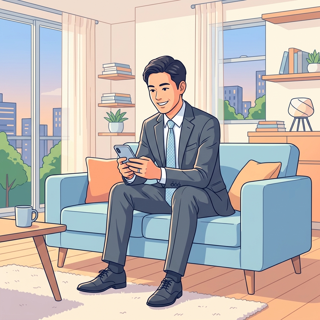単身赴任先の快適な部屋でスマホを見ながらくつろぐスマートな日本人ビジネスマン