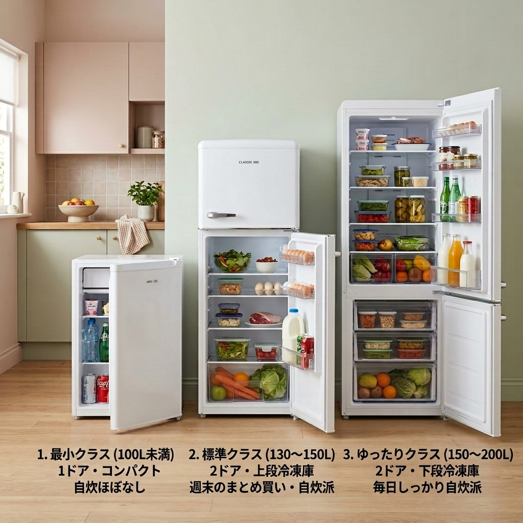 一人暮らし冷蔵庫のサイズ比較（100L未満、130-150L、150-200L）