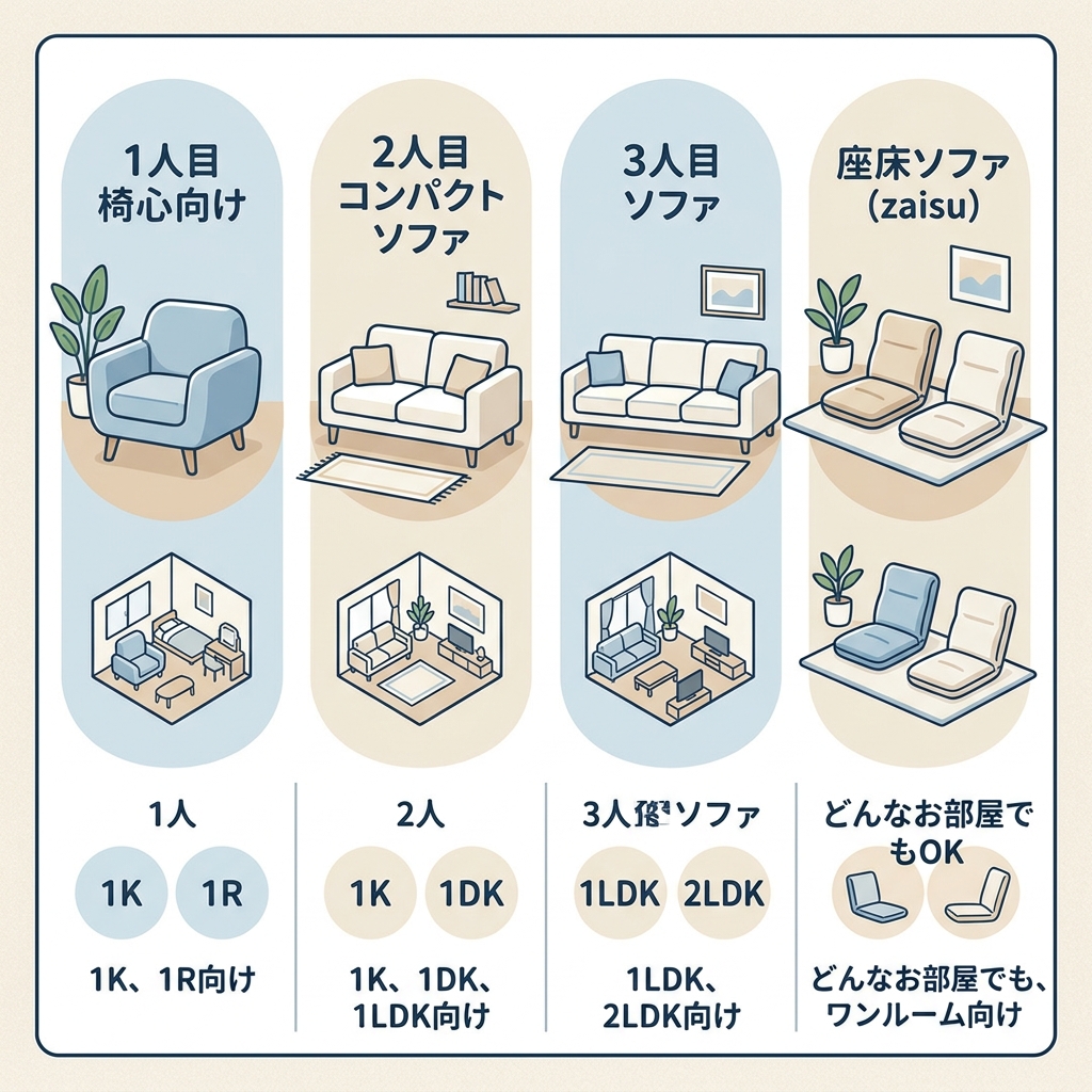 一人暮らし向けソファの種類比較（1人掛け・2人掛け・フロアソファ）