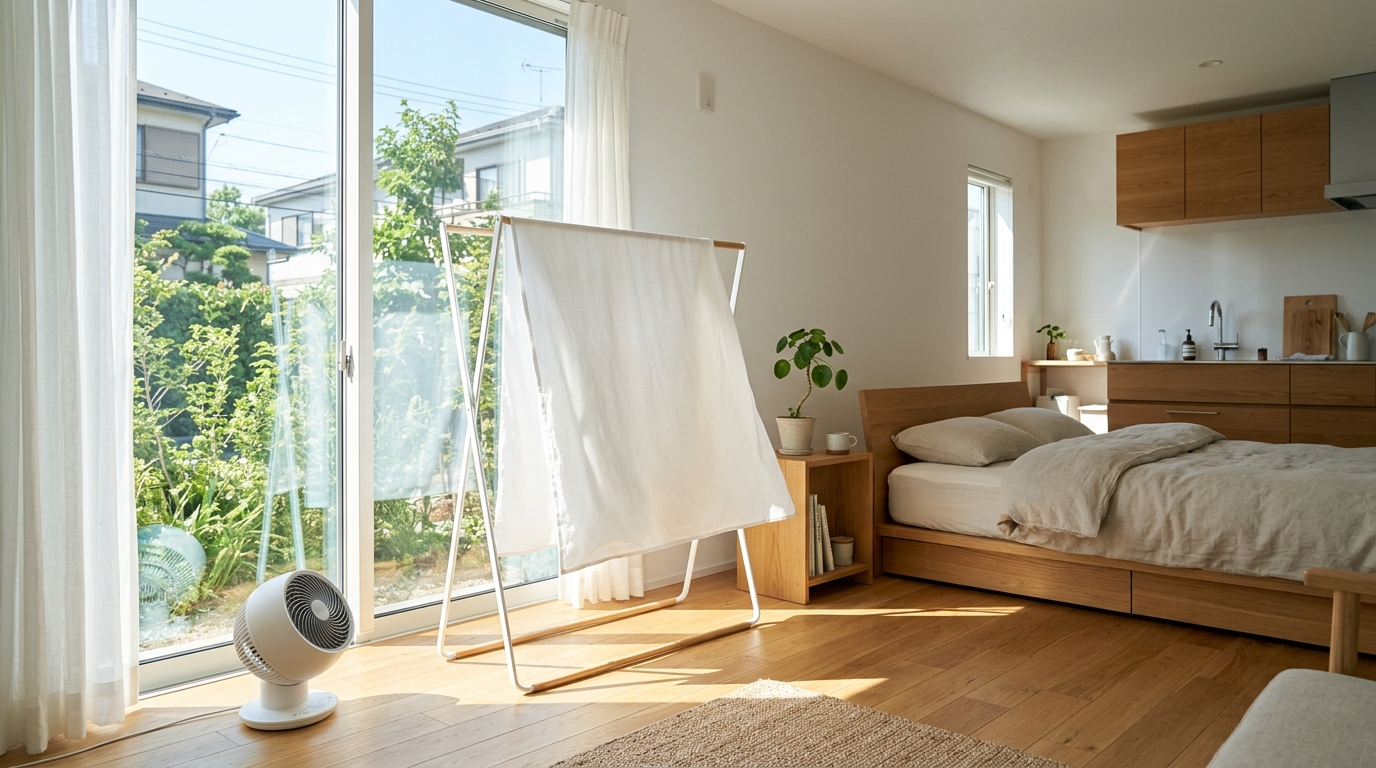 一人暮らしの部屋干し シーツをサーキュレーターと部屋干しラックで早く乾かす方法