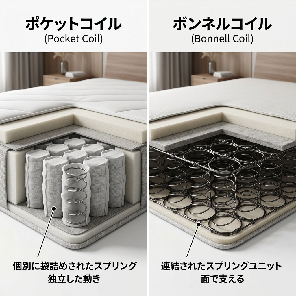 ポケットコイルとウレタンマットレスの内部構造比較