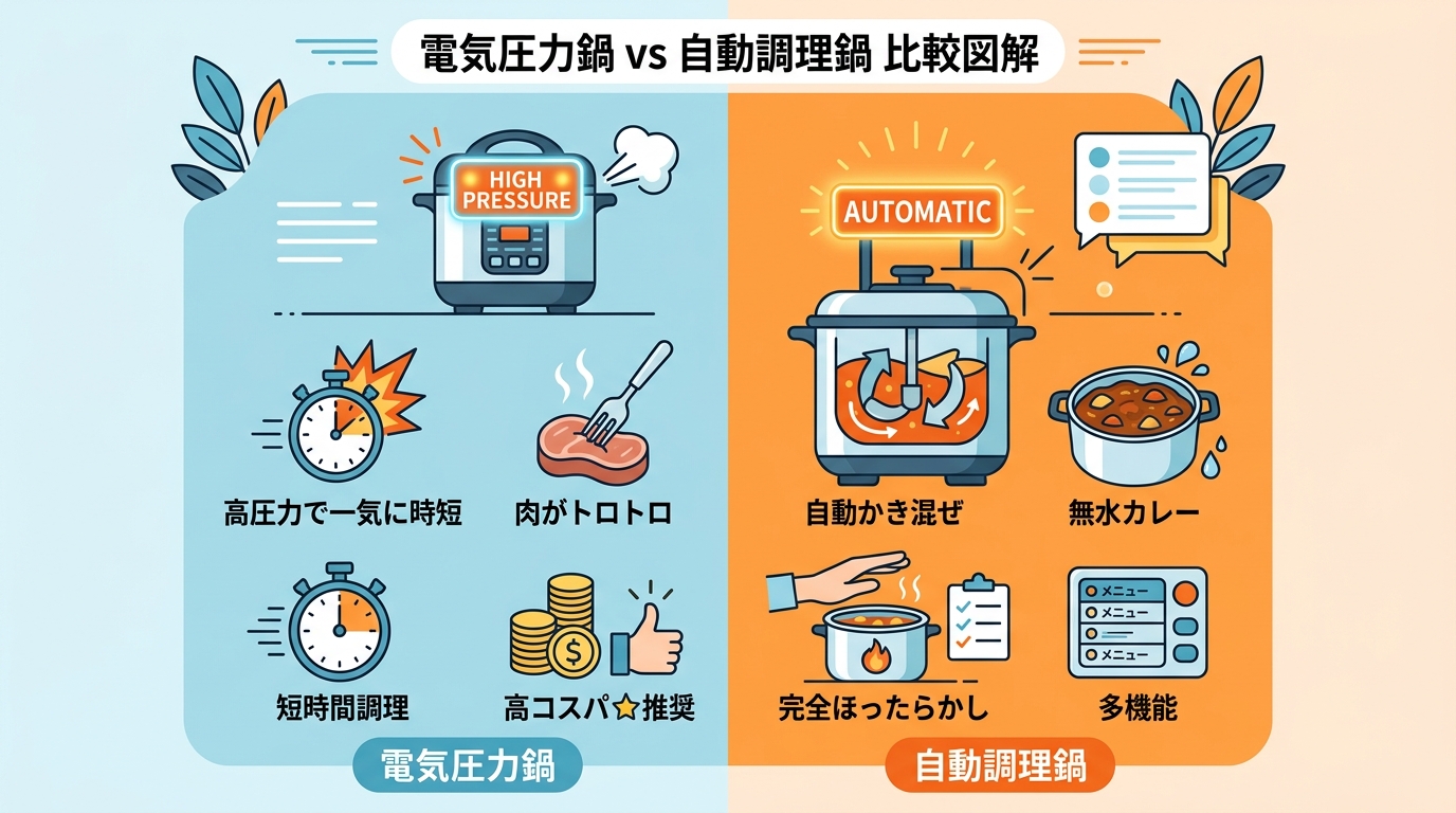 電気圧力鍋と自動調理鍋の比較図解｜一人暮らしにはどちらがおすすめ？