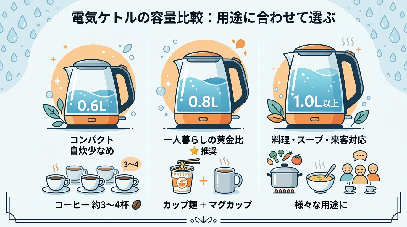 電気ケトルの容量比較|0.6L・0.8L・1.0Lの用途別選び方