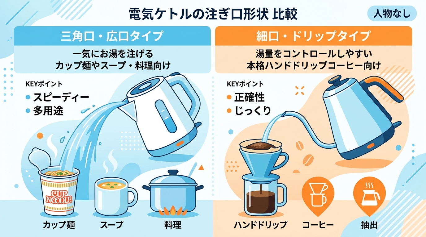 電気ケトルの注ぎ口形状の比較|三角口・広口 vs 細口・ドリップ