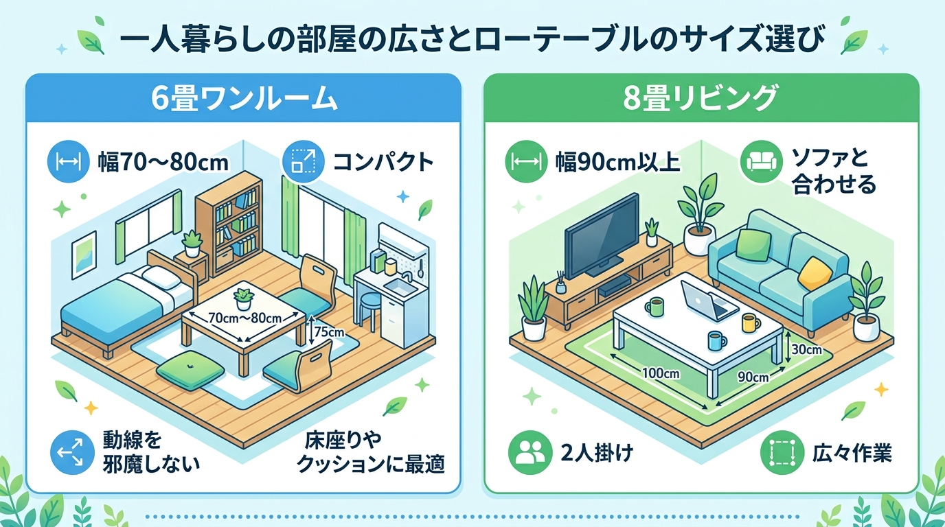 一人暮らしの部屋の広さとローテーブルのサイズ選び|6畳70〜80cm vs 8畳90cm以上