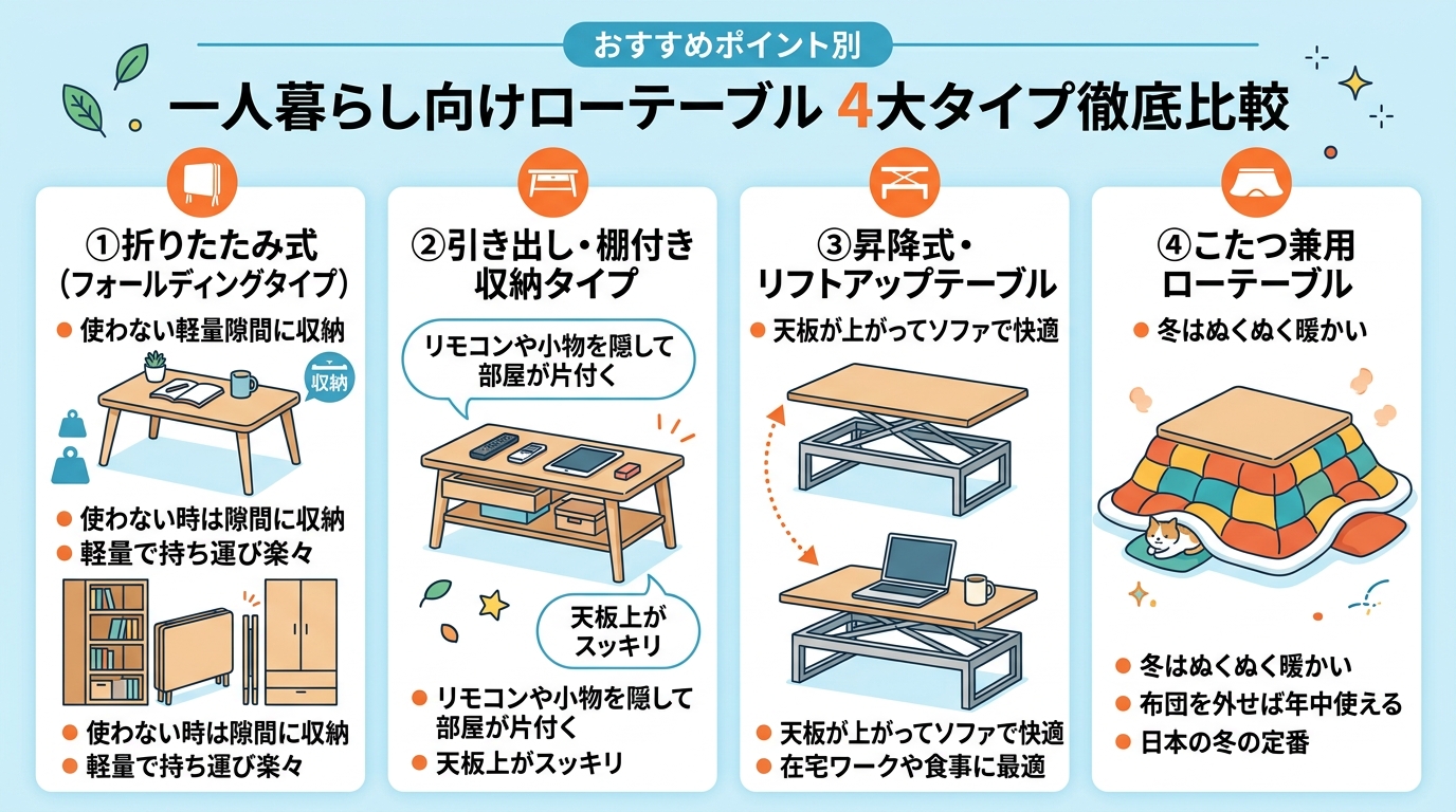 一人暮らし向けローテーブルの4大タイプ比較|折りたたみ・収納付き・昇降式・こたつ