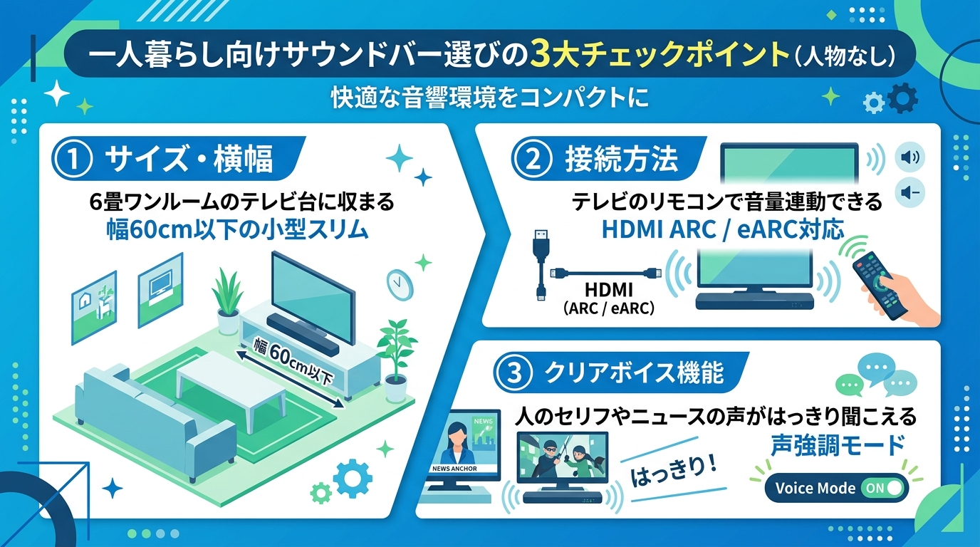 一人暮らし向けサウンドバー選びの3大チェックポイント｜サイズ・HDMI接続・クリアボイス