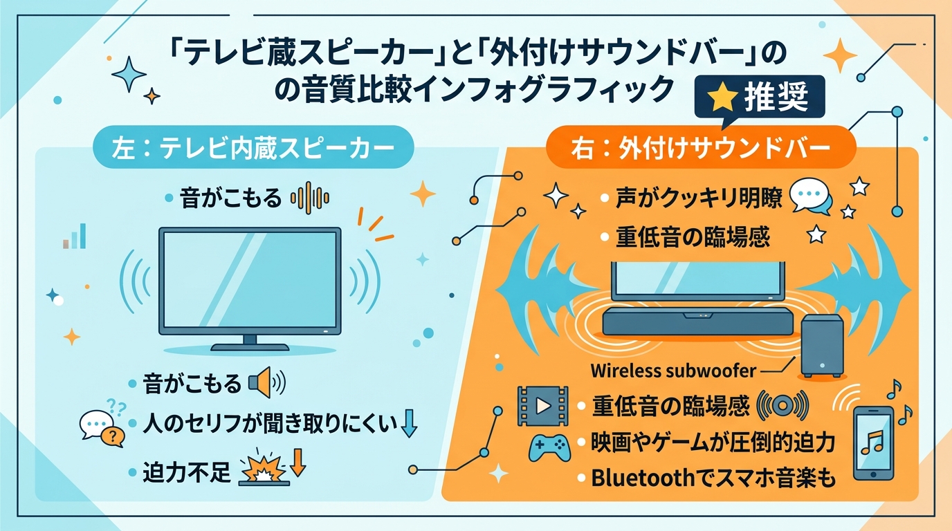 テレビ内蔵スピーカーと外付けサウンドバーの音質比較図解｜一人暮らしにおすすめ