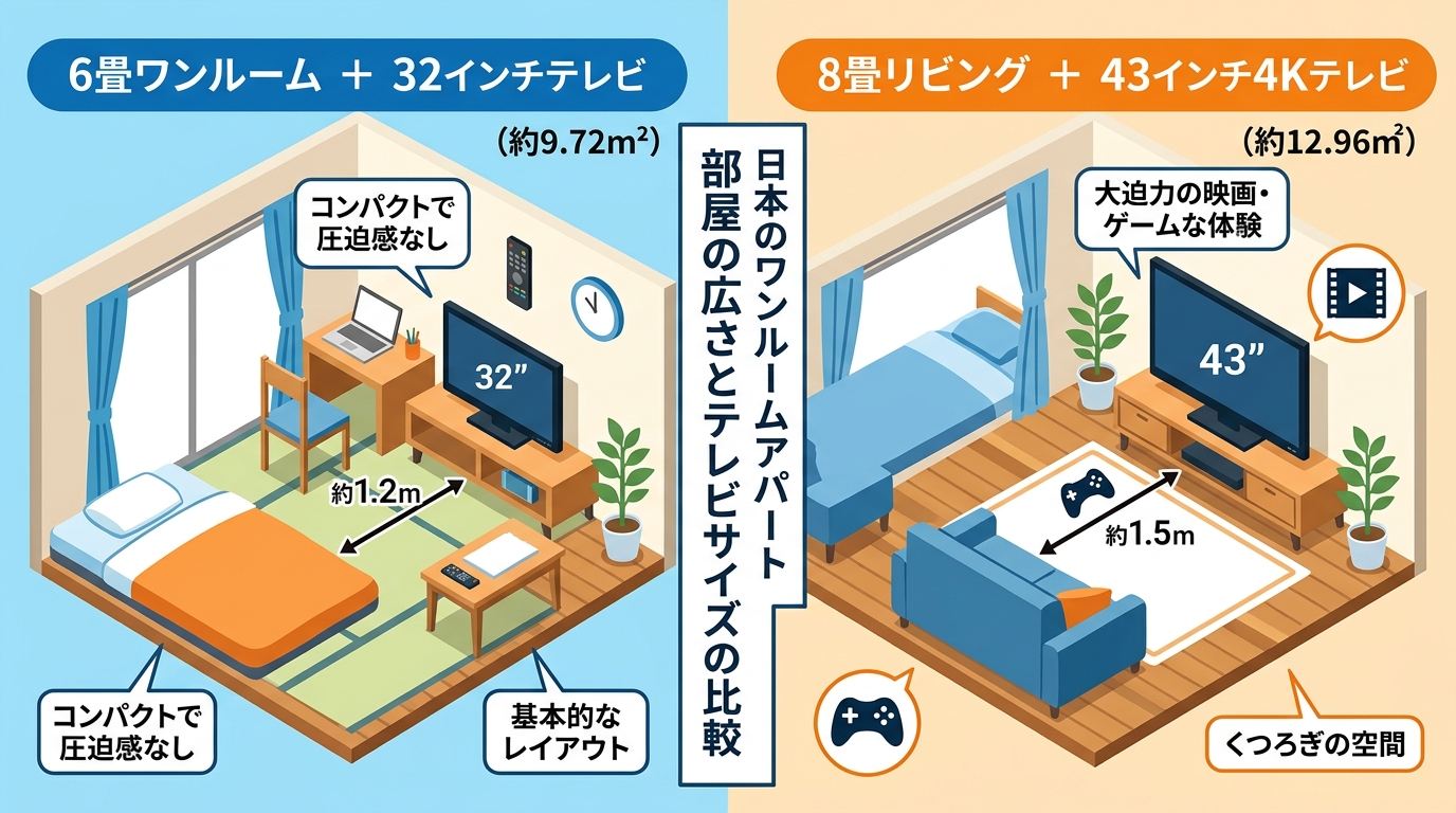 一人暮らしの部屋の広さとテレビサイズの比較｜6畳32インチ vs 8畳43インチ4K
