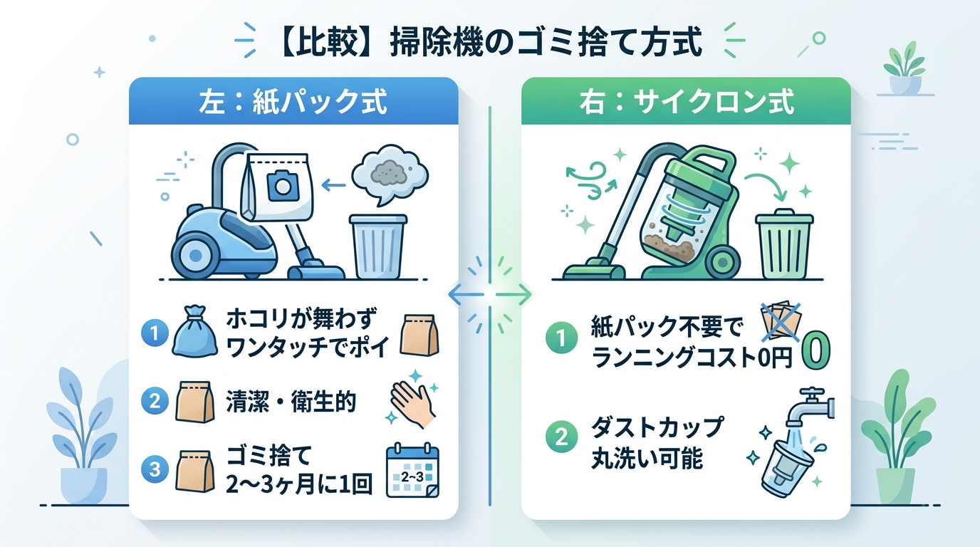 掃除機のゴミ捨て方式の比較｜紙パック式 vs サイクロン式