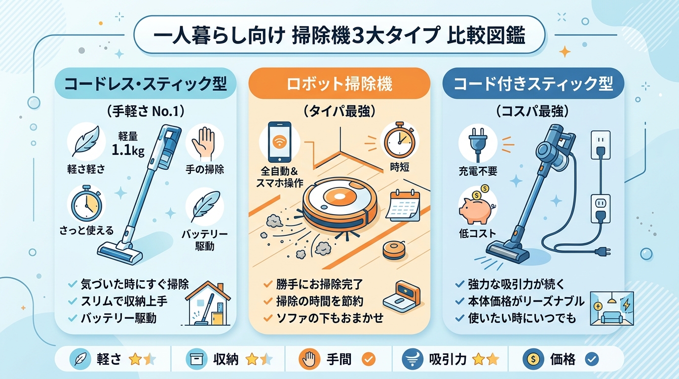 一人暮らし向け掃除機の3大タイプ比較｜コードレス・ロボット・コード付き